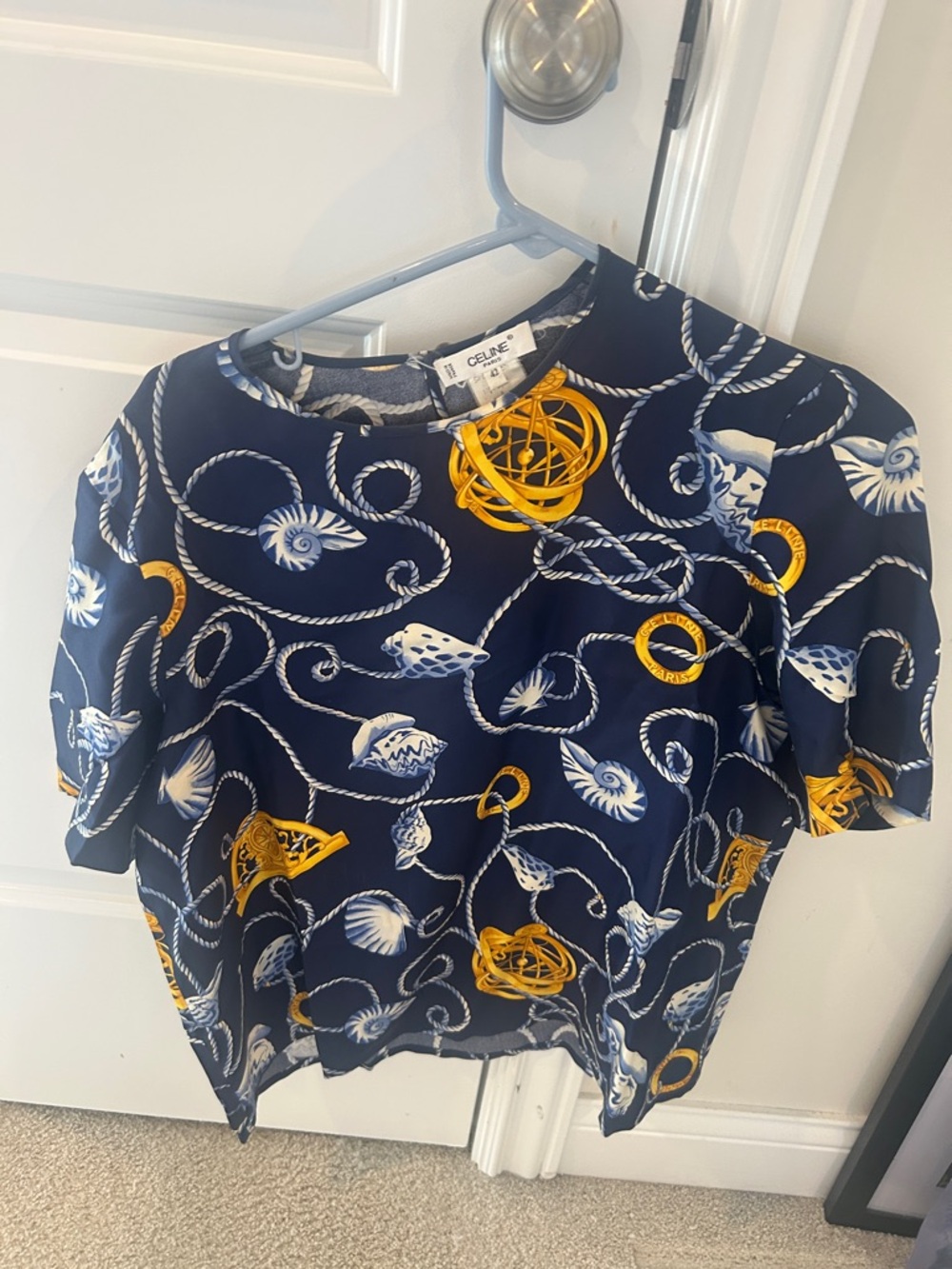 Celine Navy Silk Shell & Rope Print Blouse with Gold Accents